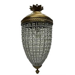 India Jane Interiors - pair of gilt metal and glass pineapple ceiling light pendants, tapered form and decorated with glass beads and pendants, foliage cast metal upper band, mounted by lower finial - ex-display/bankruptcy stock