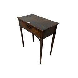 19th century oak side table, rectangular top over single cock-beaded drawers, on square tapering supports with fretwork corner brackets 