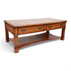 Georgian design figured walnut coffee table, moulded rectangular top over two drawers, on ...