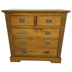 Pine chest, fitted with two short and three long drawers