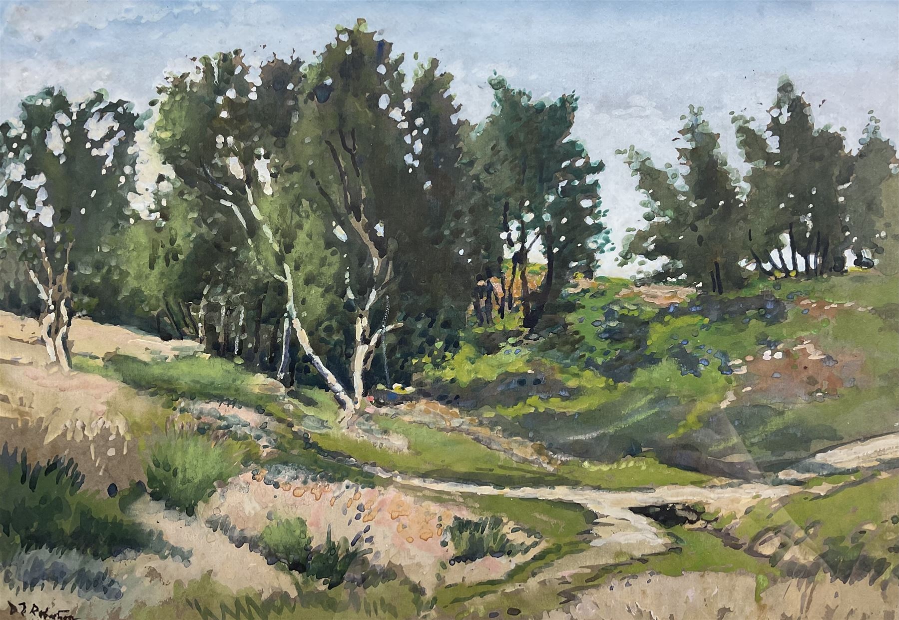 David Thomas Robertson (Northern British 1879-1952): Upland Wooded Landscape, gouache signed 32cm x 46cm 