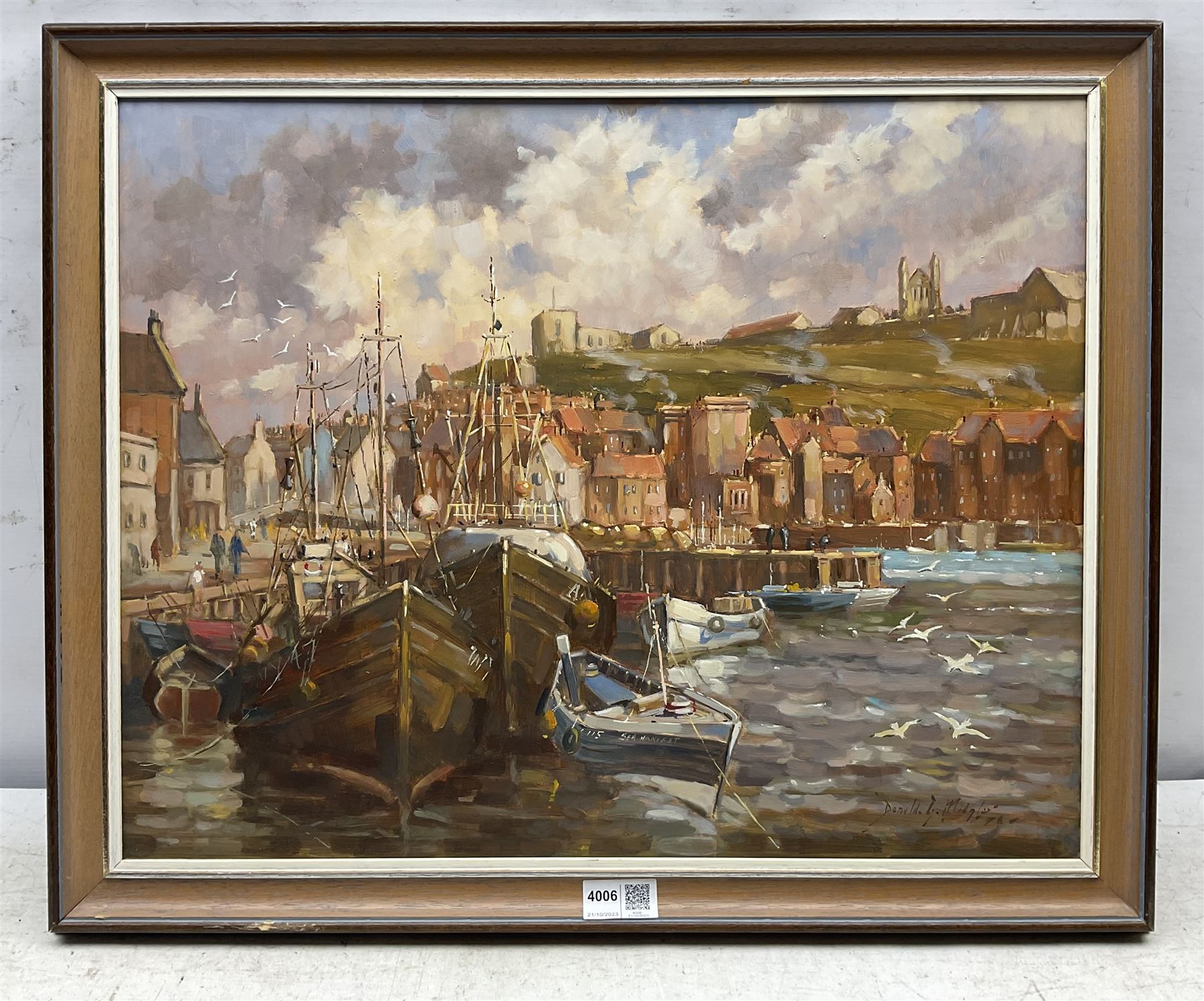 Donald Gray Midgely (British 1918-1995): Whitby Harbour with a View of the Abbey, oil on board signed and dated '78 40cm x 50cm