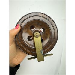 D. Slater, Newark, wood, alloy and brass star-back centre pin reel,  together with three other wooden/alloy reels including Edge Elite, Milbro Pelican and one other 