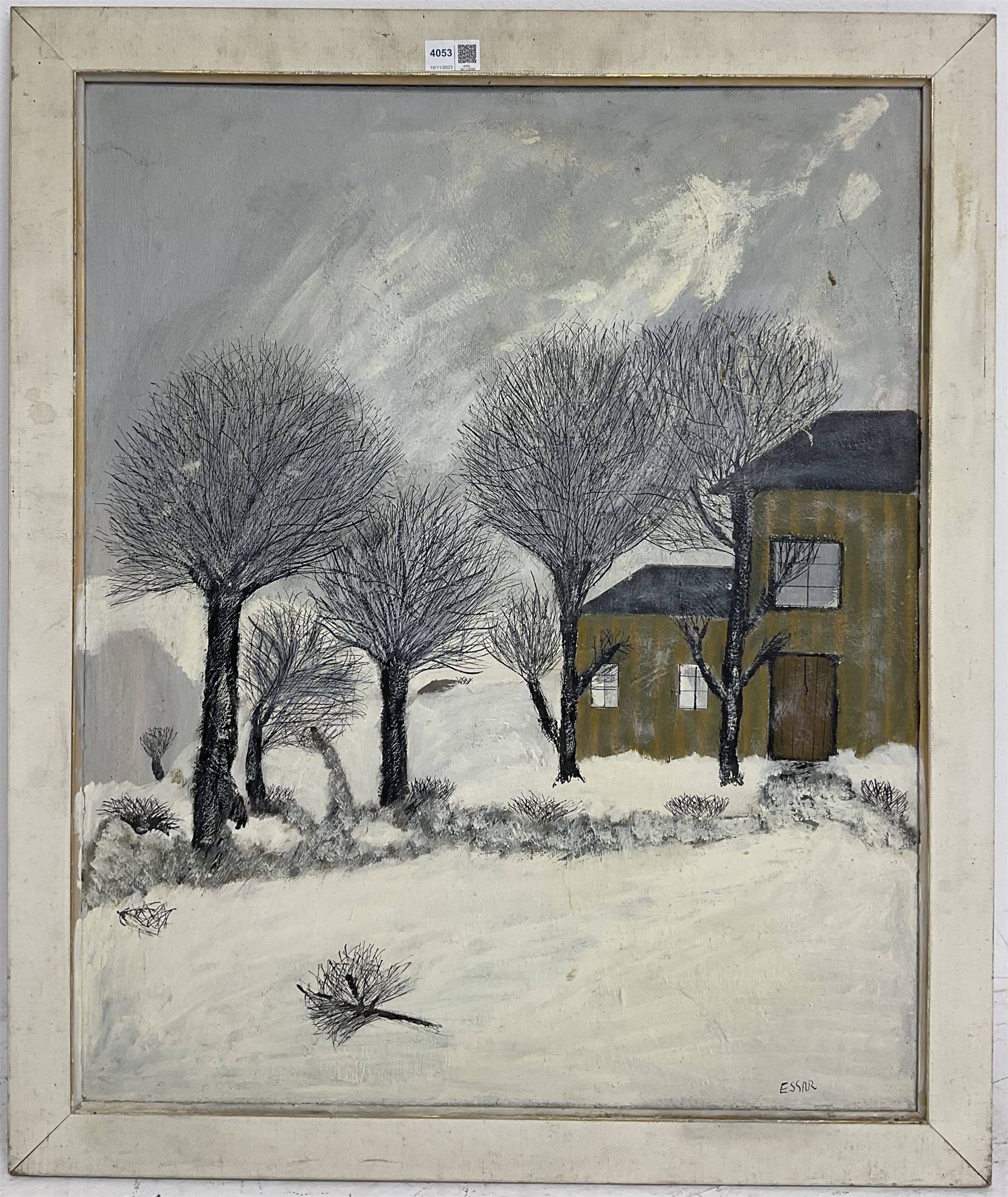 Essar (Northern Naive British Mid-20th century): Snowy WInter Landscape with Trees, oil on board signed 72cm x 59cm