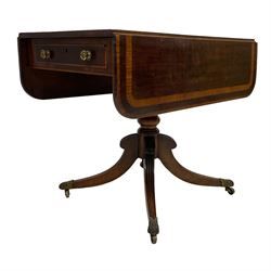 Early 19th century mahogany Pembroke table, rectangular drop-leaf top with rounded corners inlaid satinwood bands, single end drawer and opposing false drawer, turned pedestal on four acanthus carved and reed moulded splayed supports, cast brass cups and castors 