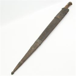  19th century Afghan Khyber knife with engraved blade and horn grip 60cm blade length, another similar Khyber knife, Indian Tulwar and a Kukri (4)