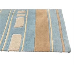 Contemporary pale indigo and beige ground rug, decorated with alternating stripes and geometric shapes