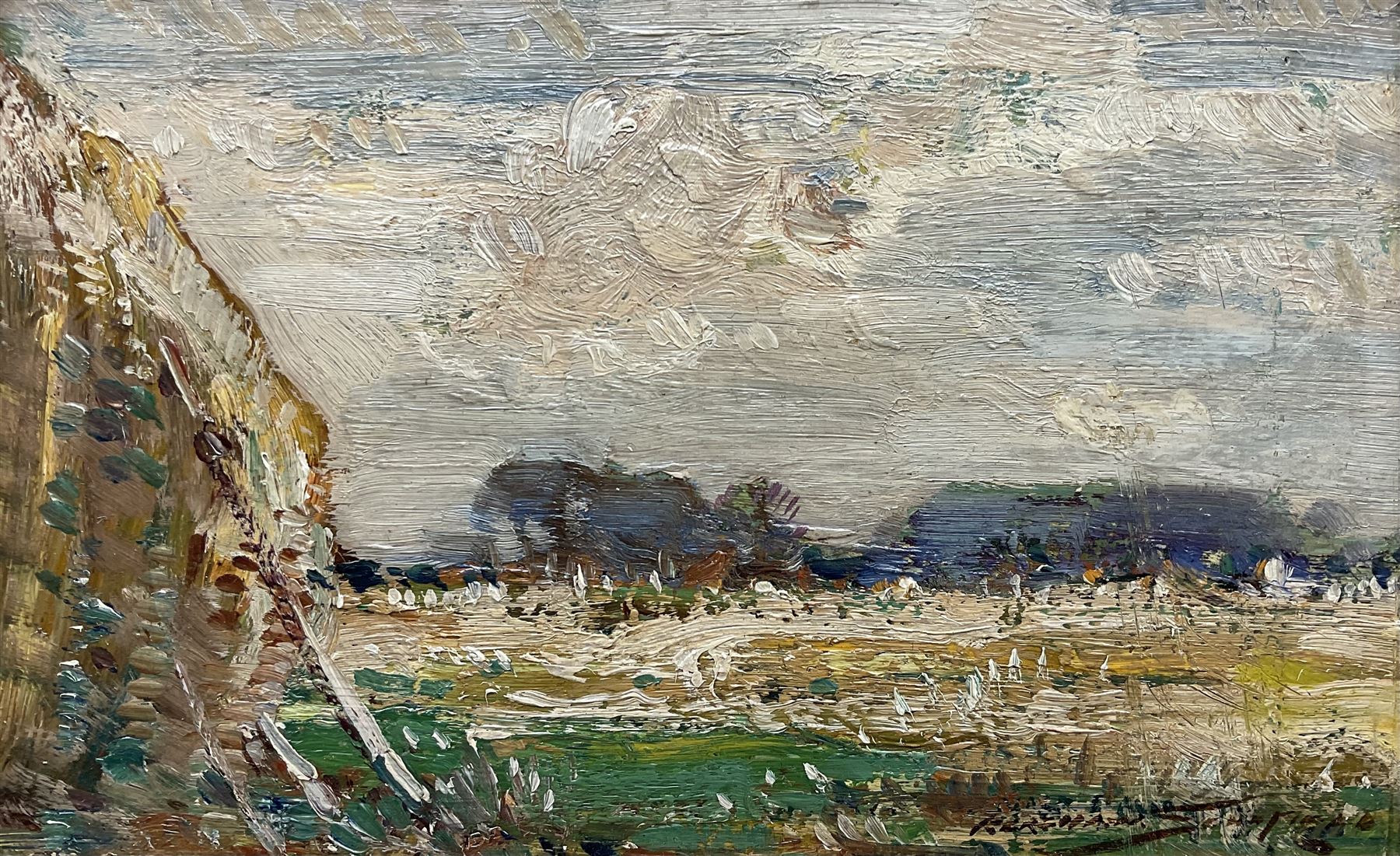 Kershaw Schofield (British 1872-1941): The Hayfield, oil on panel signed 15cm x 24cm