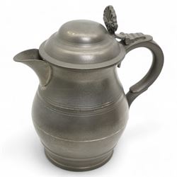 18th century pewter ale jug, circa 1790, with domed tappit lid and shell thumb piece, touc...