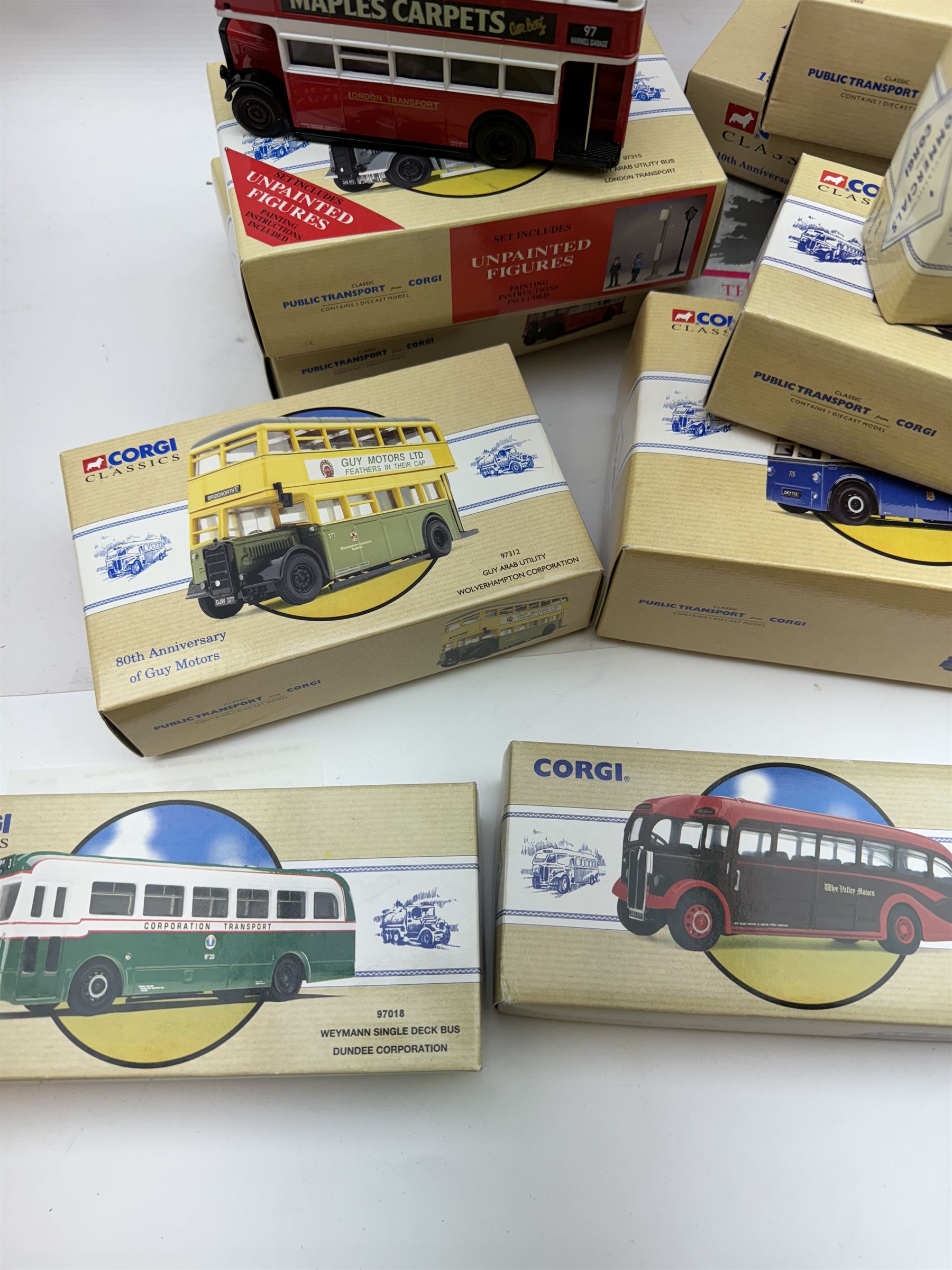 Fifteen limited edition Corgi Classic Public Transport vehicles, together with a 10th Anniversary Corgi Collector Club Scammell Scarab, Routemasters in Exile The North four bus collection and a Classic Commercials Bedford OB Edinburgh, all boxed with certificates (18)