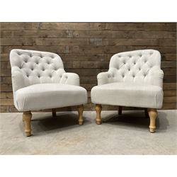 Pair of armchairs upholstered in button back linen fabric