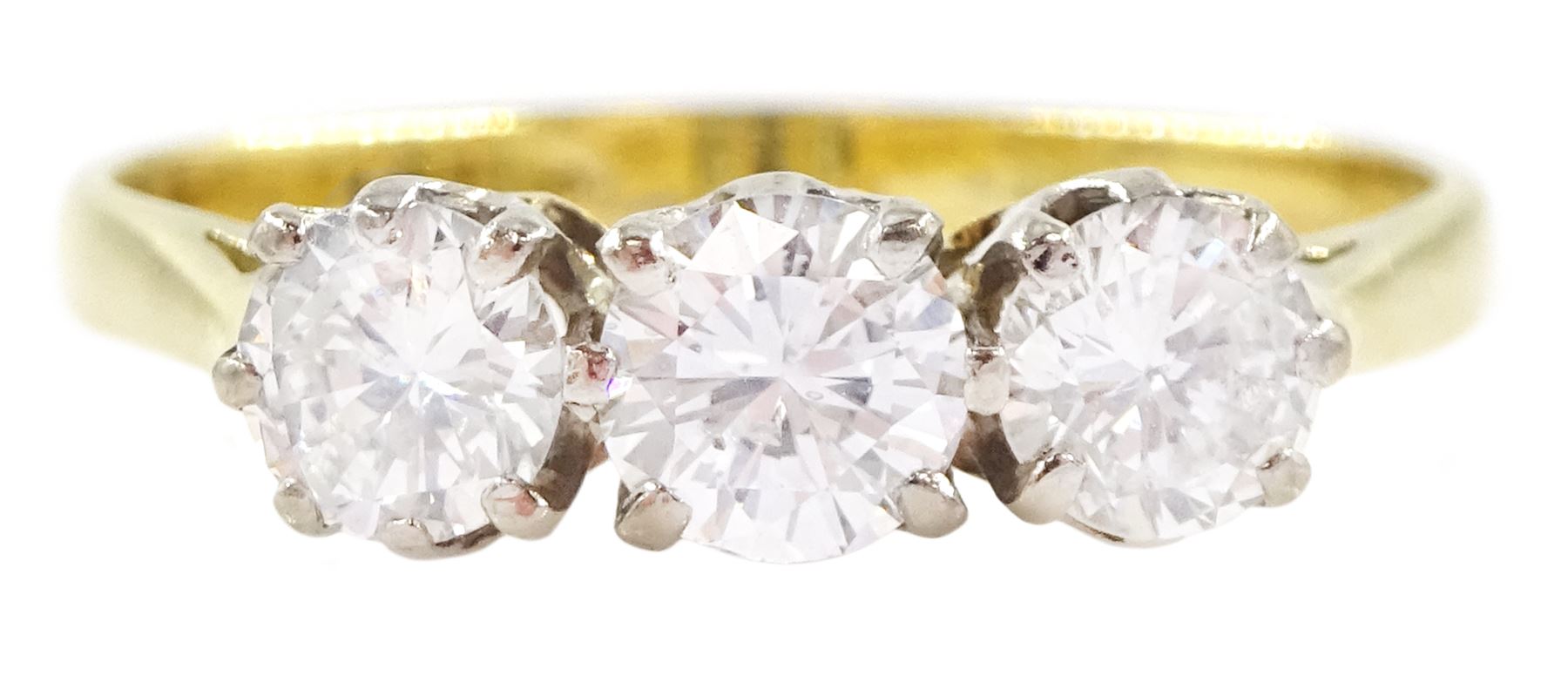 18ct gold three stone round brilliant cut diamond ring, total diamond weight approx 1.00 carat