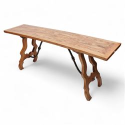 Spanish design hardwood and wrought iron console or side table, parquetry top over splayed...