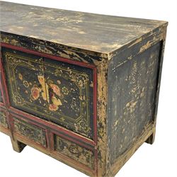 19th century Chinese Qing dynasty painted elm cupboard, Shanxi province, two double cupboards enclosed by doors painted with figure and flower heads, fitted with four small drawer, on stile supports 