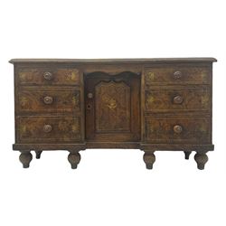 Victorian walnut scumbled pine sideboard, stepped rectangular top over central cupboard with marquetry inlay, flanked by two banks of three drawers fitted with round wooden knobs, raised on turned bun supports