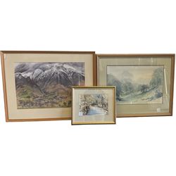 N Miller (British 20th Century): Snowy Mountains, oil pastel signed and dated '78 together with a watercolour by Tom McAndrew and another similar indistinctly signed (3)