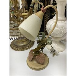 Soapstone table lamp, with carved floral stem, together with three other table lamps, metal candelabra and candlestick, Charles Burton Barber framed print and a Chinese table screen etc 