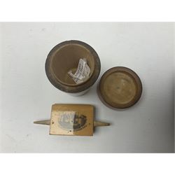 Two Mauchline ware boxes, comprising case modelled as a book depiciting The Ancient Entrance Gate, Stirling Castle, and lidded jar depicting Hythe Church, The Crypt, together with Russian lacquer box and other wood pot pourri bowl