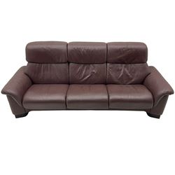 Ekornes Stressless - three-seat sofa upholstered in chocolate brown leather, with high backrests, cushioned headrests, and manual reclining mechanism (L248cm, D84cm, H102cm); with matching two-seat sofa (L184cm, D84cm, H102cm)