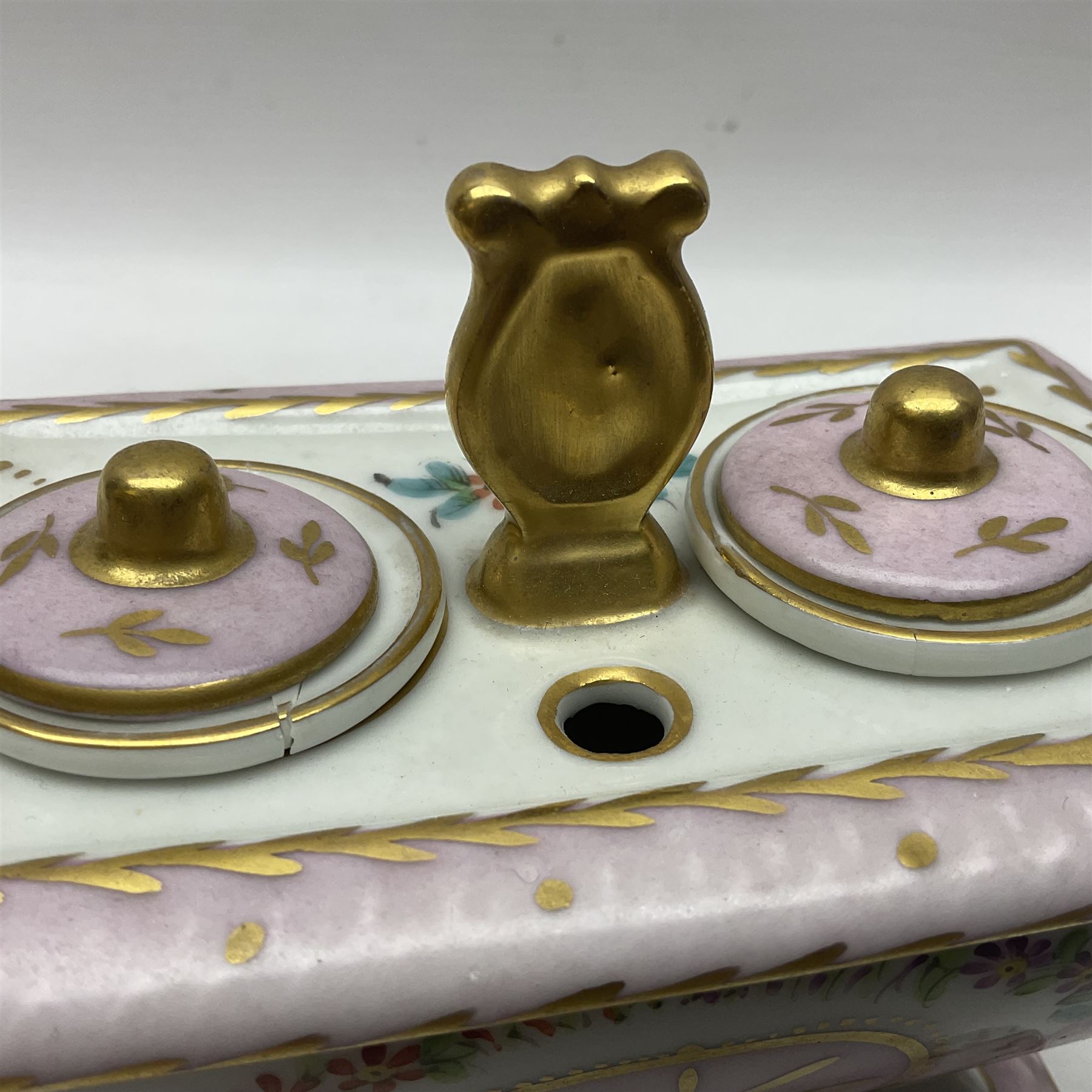 Limoges France hand painted ink well pot stand with lion paw feet, together with  pot pourri vase and cover in the shape of an egg raised on three scroll feet, ink well H14cm 