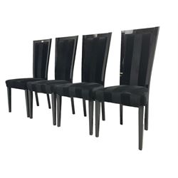 Set of four contemporary ebonised high back dining chairs, upholstered in black velvet fabric