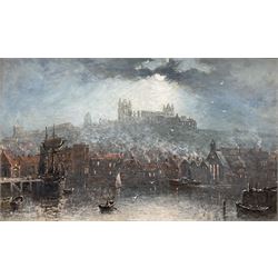 Richard Weatherill (British 1844-1913): Whitby Harbour and Abbey by Moonlight, oil on board signed 22cm x 37cm