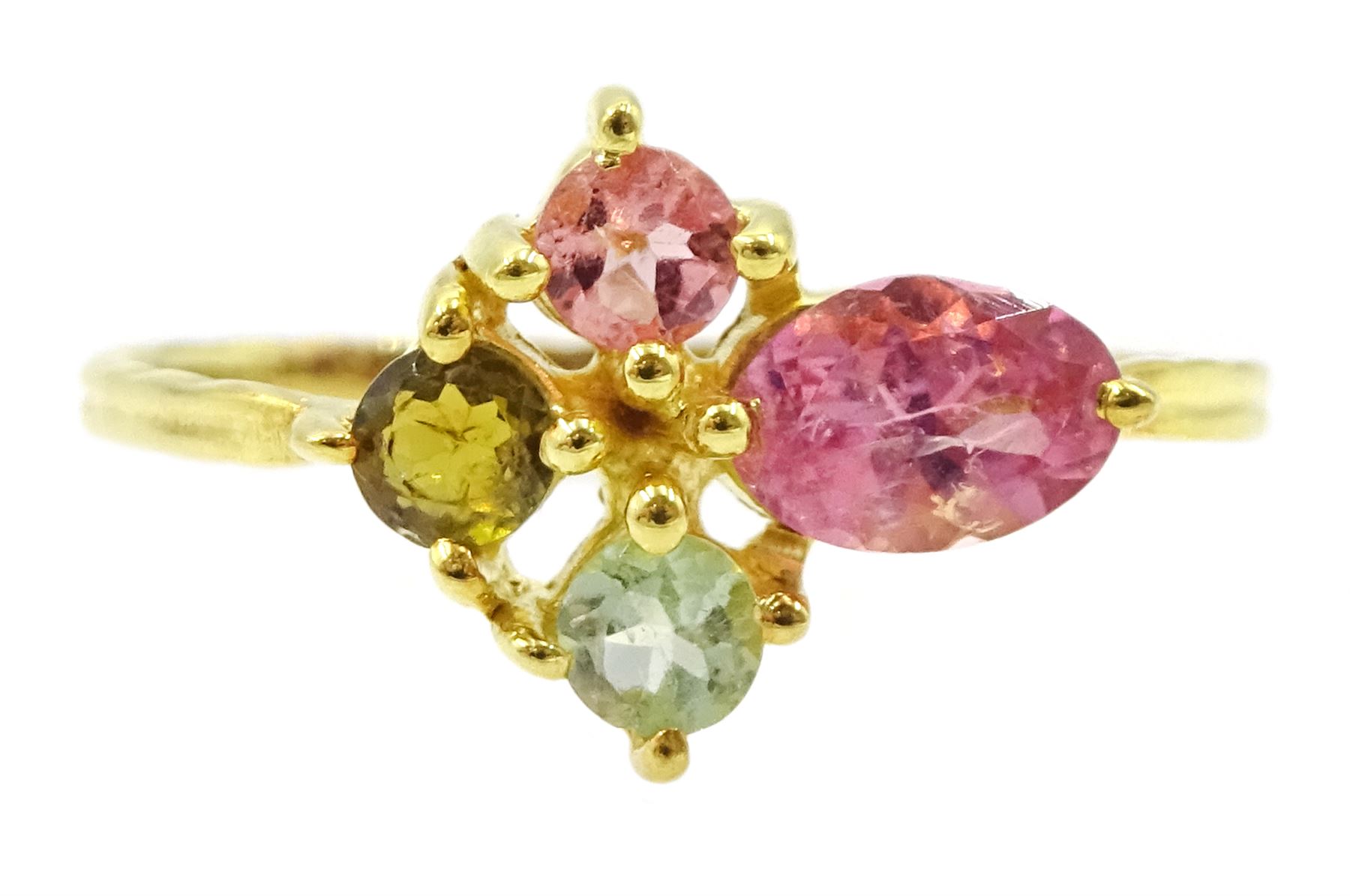 Silver-gilt pink and green tourmaline ring, stamped 925