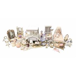 Dolls house bedroom and dressing room furniture, including beds, wardrobe, dressing table,...