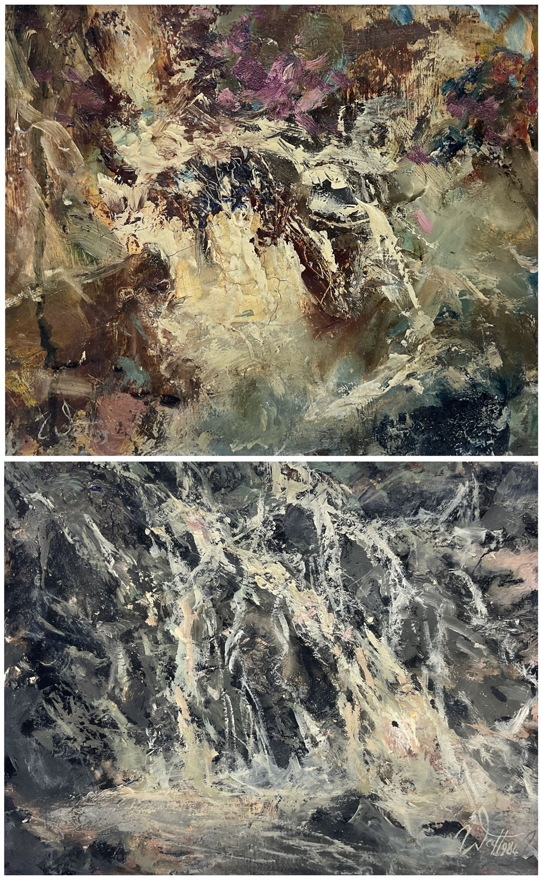 Watt (British 20th century): 'Hill Burn in Spate' and 'Cascades', pair impasto oils on board signed and dated 1984, max 23cm x 29cm (2)