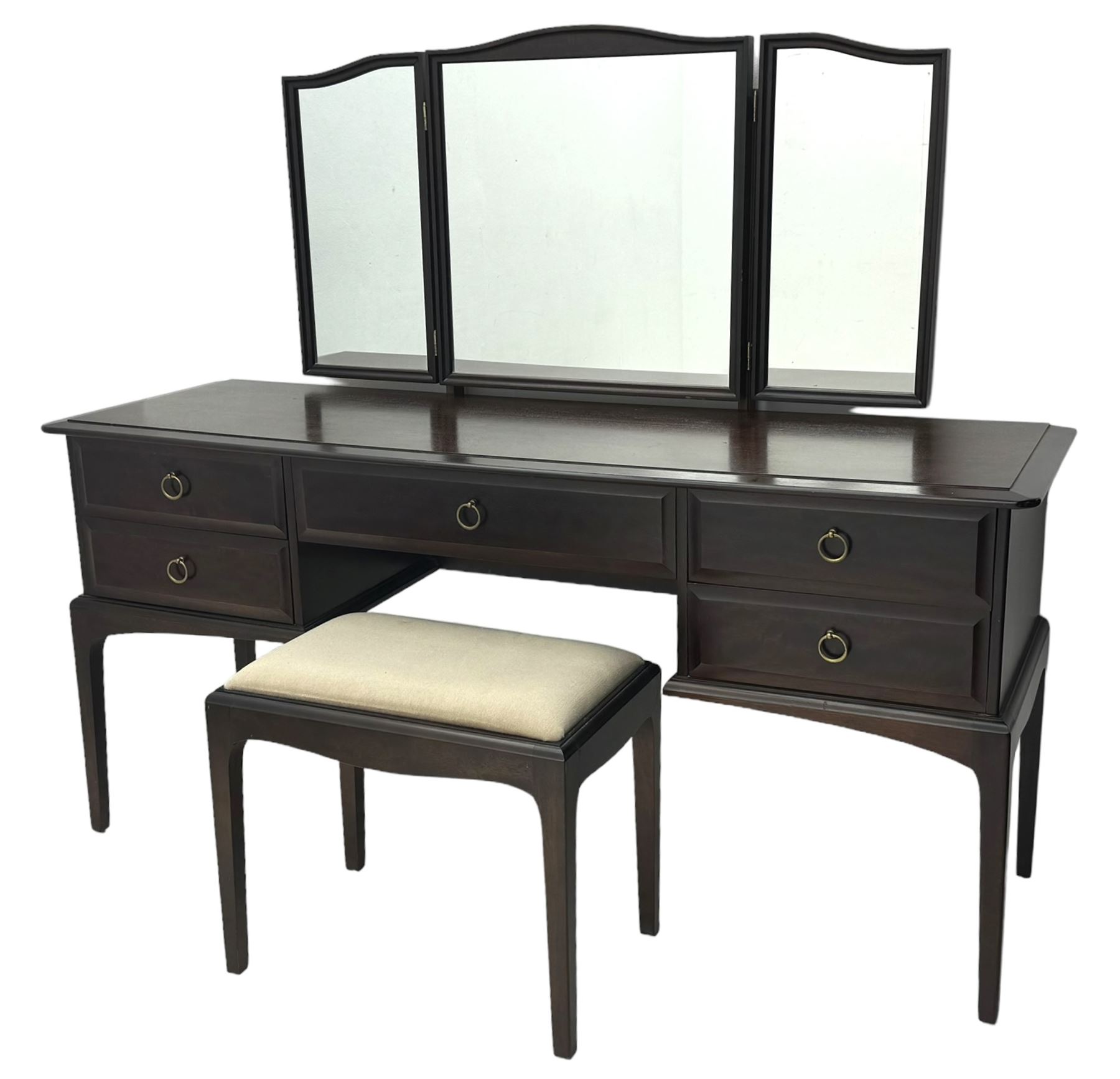 Stag Minstrel - mahogany dressing table, triple mirror with adjustable side panels, five drawers to base, on tapered supports; with matching upholstered stool (2)