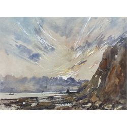 Desmond 'Des' G Sythes (British 1929-2008): 'Sunrise over Black Nab - Saltwick Bay Whitby' , watercolour and gouache signed and dated '88, labelled verso 21cm x 28cm