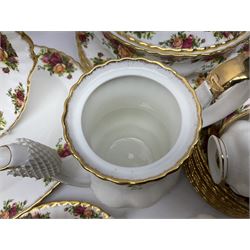 Royal Albert Old Country Roses pattern tea and dinner service, including teapot, coffee pot, two milk jugs, two open sucriers, six teacups and saucers, six dinner plates, six soup bowls, etc  