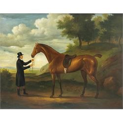 English Naive School (20th century): Portrait of a Horse and Groom, oil on canvas unsigned 40cm x 50cm