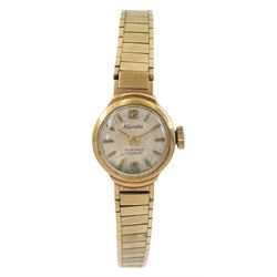 Nivada ladies 9ct gold manual wind wristwatch, on integral 9ct gold bracelet, hallmarked