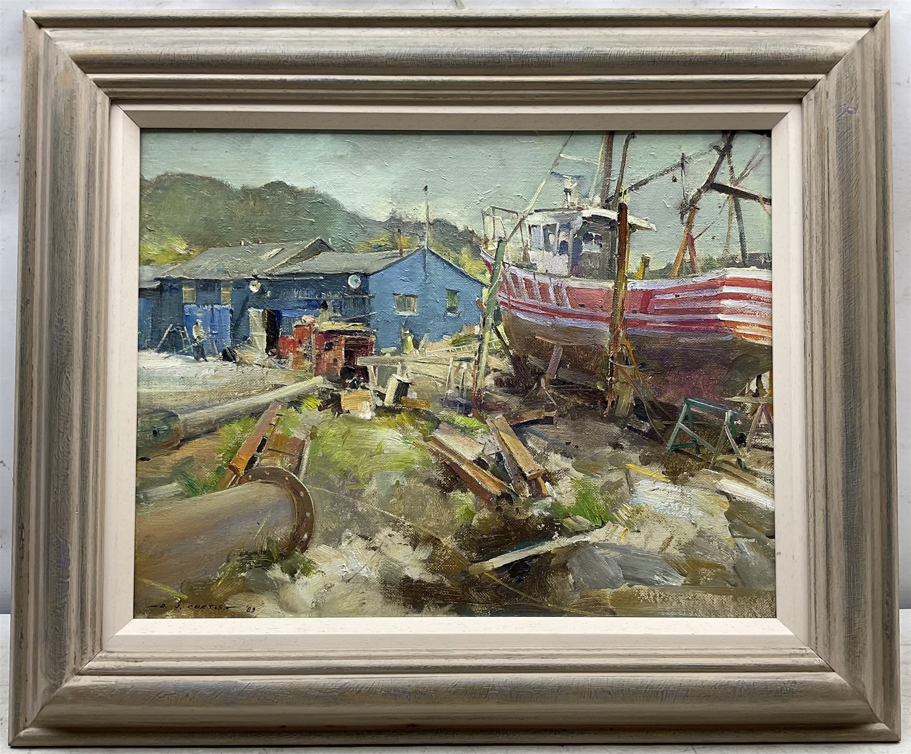 David Jan Curtis (British 1948-): 'Repair Yard in Arisaig', oil on canvas board signed and dated '89, titled verso 34cm x 44cm