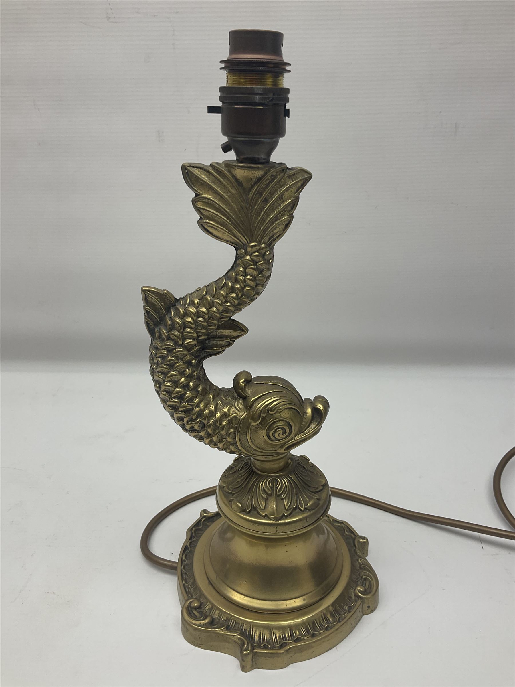  Gilt metal table lamp, in the form of a dolphin, H33cm