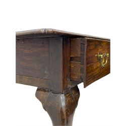 George III oak low-boy, moulded rectangular top with shaped corners, fitted with single drawer, shaped brass handle plates and escutcheon, on cabriole supports 