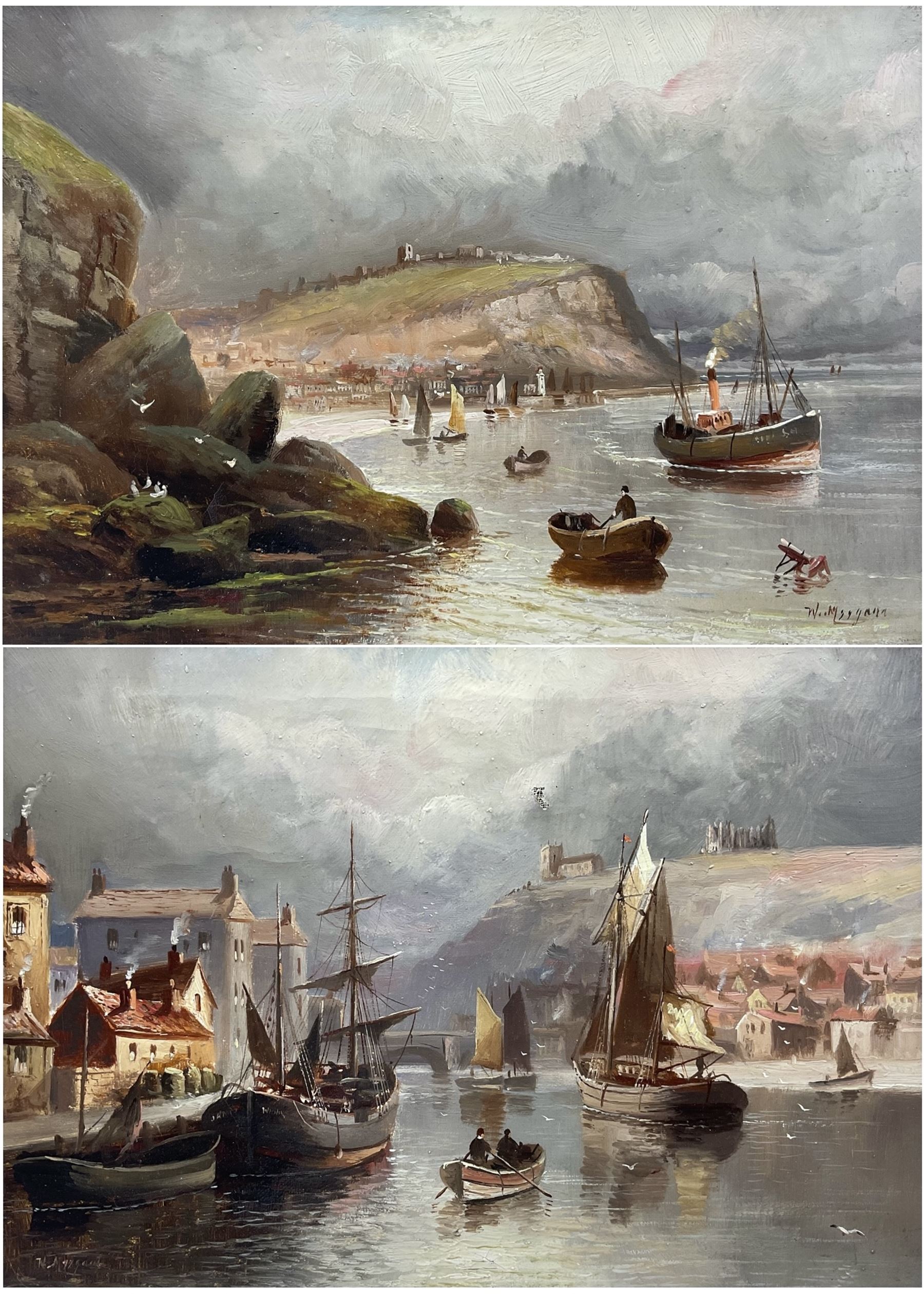 Walter Linsley Meegan (British c1860-1944): Scarborough South Bay and Whitby Harbour, pair oils on canvas signed 24cm x 34cm (2)