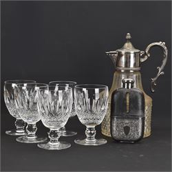 Four Waterford Colleen glasses, together with claret jug and silver plated glass flask