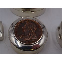 Four silver boxes, comprising oval example embossed with horse and rider, a rectangular example set with heart shaped amethyst, an oval example with set with carved abalone shell portrait, and a circular example set with Victorian penny, all hallmarked 