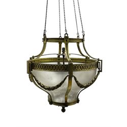 Edwardian brass ceiling light of circular bulbous form, moulded upper band over a guilloche cast central band united by shaped strapping, decorated with fruiting foliage festoons, fitted with frosted and vertical bevelled glass bowl, acanthus cast finial 