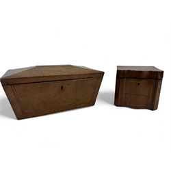 Late Georgian burr walnut sarcophagus shape tea caddy W26cm and a mahogany caddy of serpentine outline W12cm