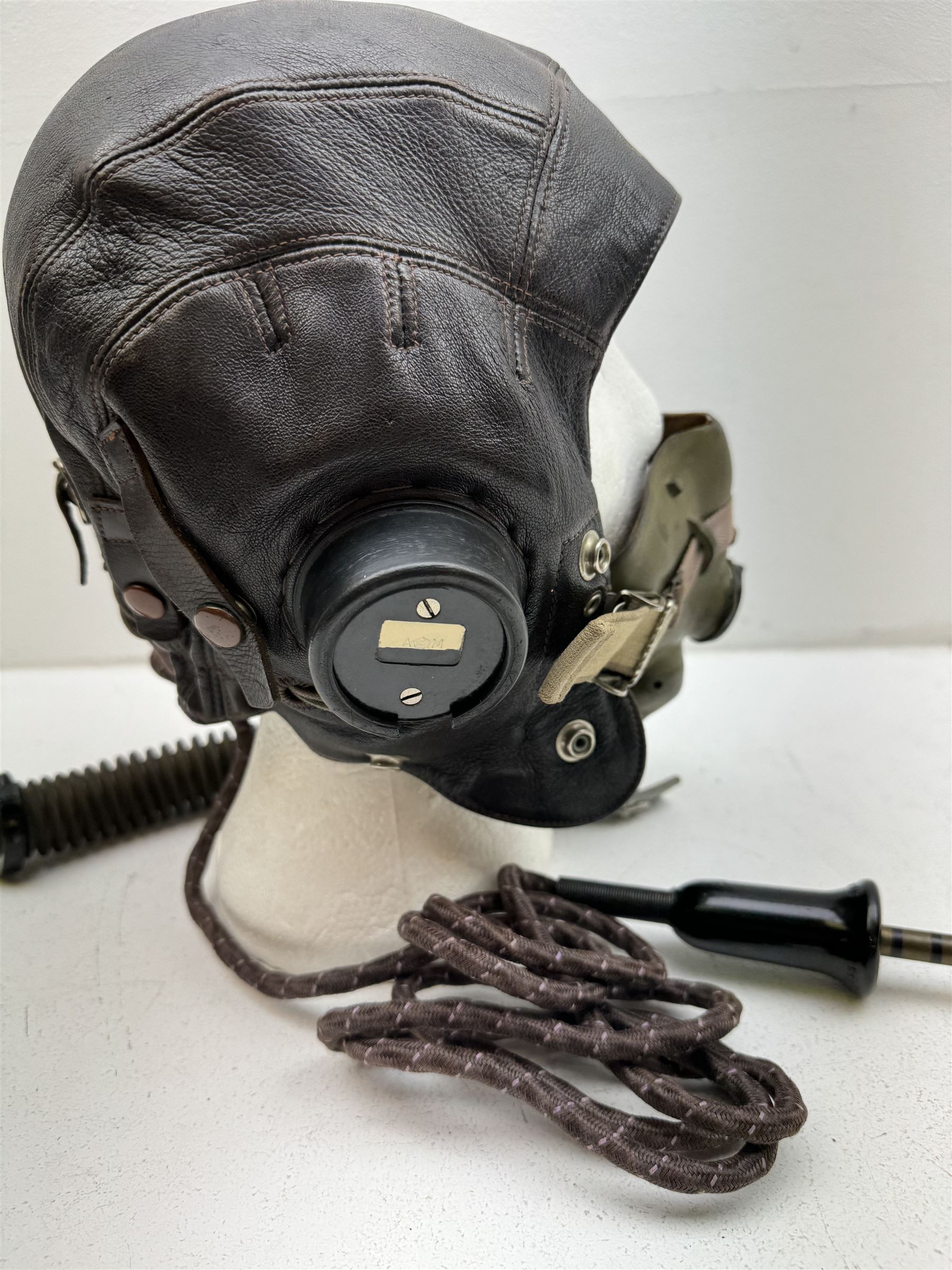 British RAF Flying Helmet complete with AM marked headphones and wiring loom with jack plug, with oxygen mask 