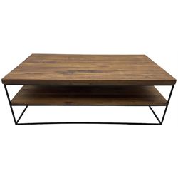 Samba oak coffee table, rectangular top over undertier storage, applied mid-tone finish, supported by black metal frame