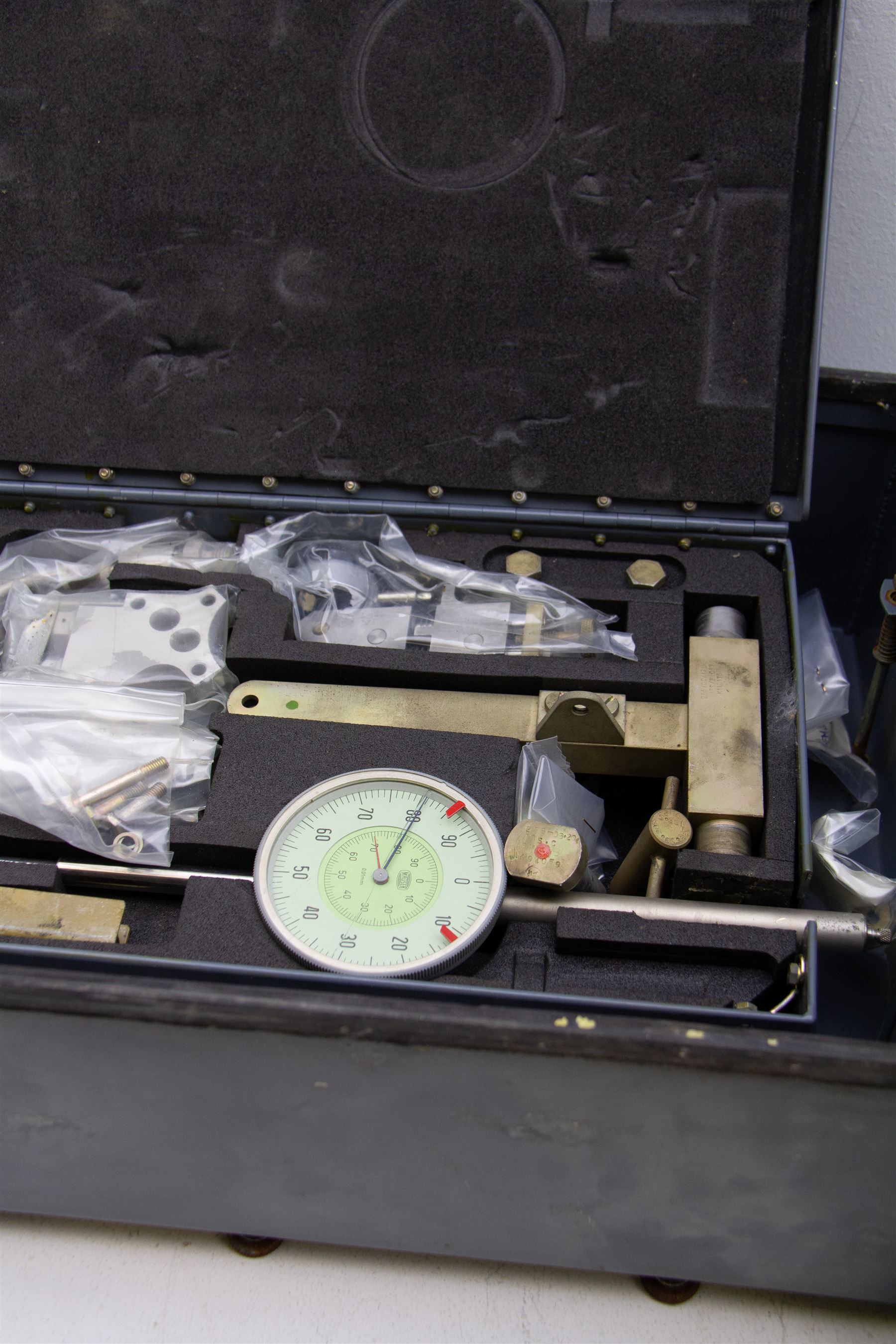 Cased military issue valve tester, with with broad arrows, W31cm