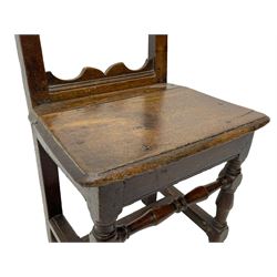 Small late 17th century oak side chair, open frame back with shaped upper and lower brackets, moulded plank seat, on turned supports united by moulded H-shaped stretchers