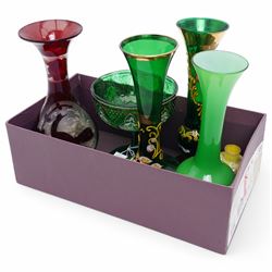 Collection of mostly bohemian green and ruby glass vases and goblet, with gilt decoration,...