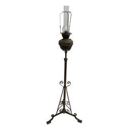 Victorian standard oil lamp, turned column with scrolled supports (H168cm); together with a small antique oil lamp (2)