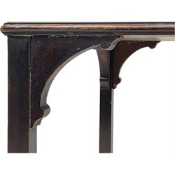 Early 19th century mahogany side table, hinged rectangular top enclosing storage space, on square supports united by H-stretchers