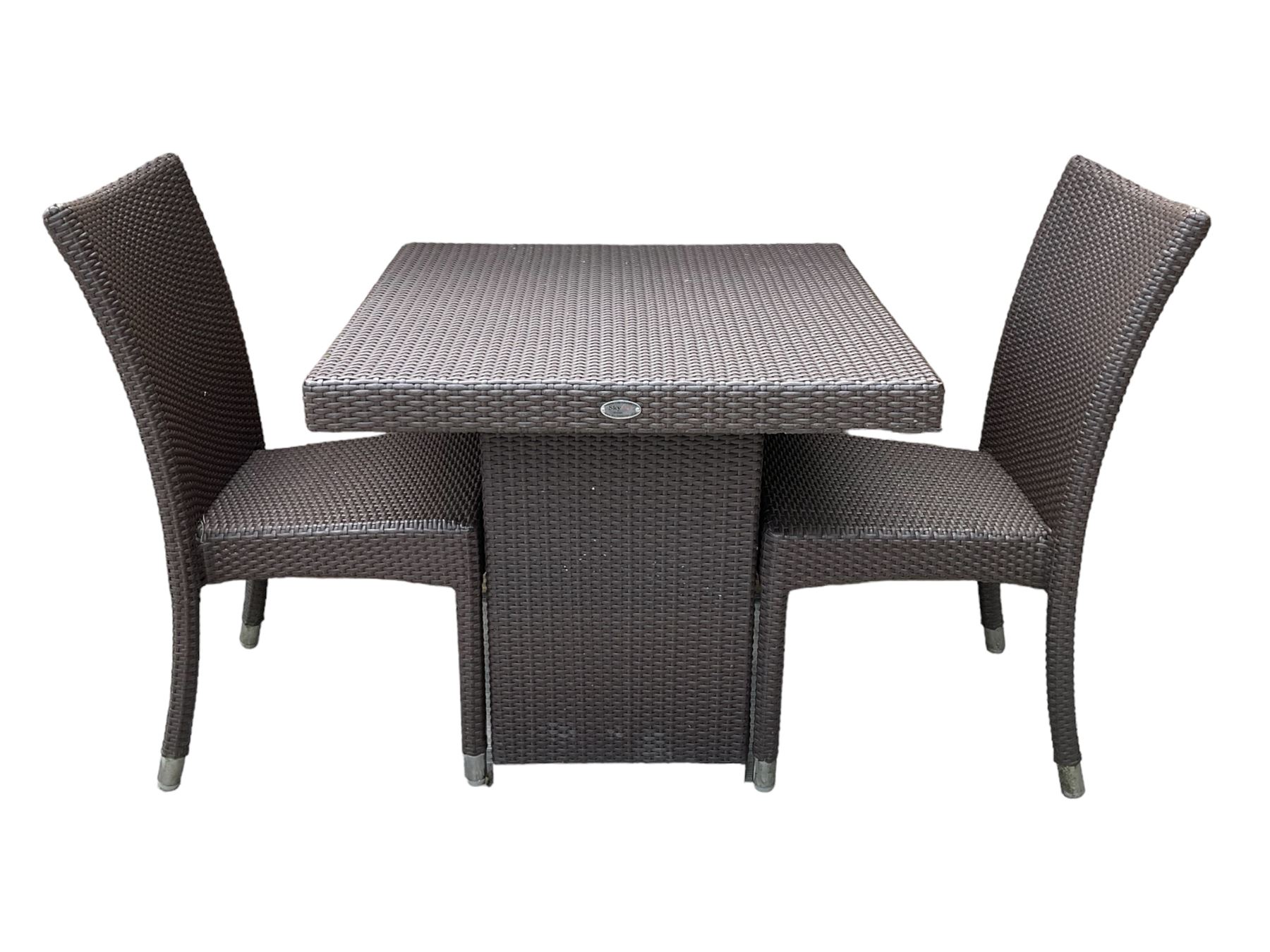 4 x Skyline Design square rattan garden table and two chairs (maroon/maroon)